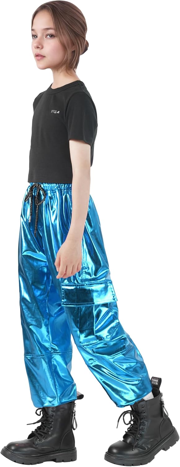Nawgut Sequin Cargo Pants Metallic High Waisted Multi-Pocket Shiny Joggers Hip Hop Dance Pants for Girls