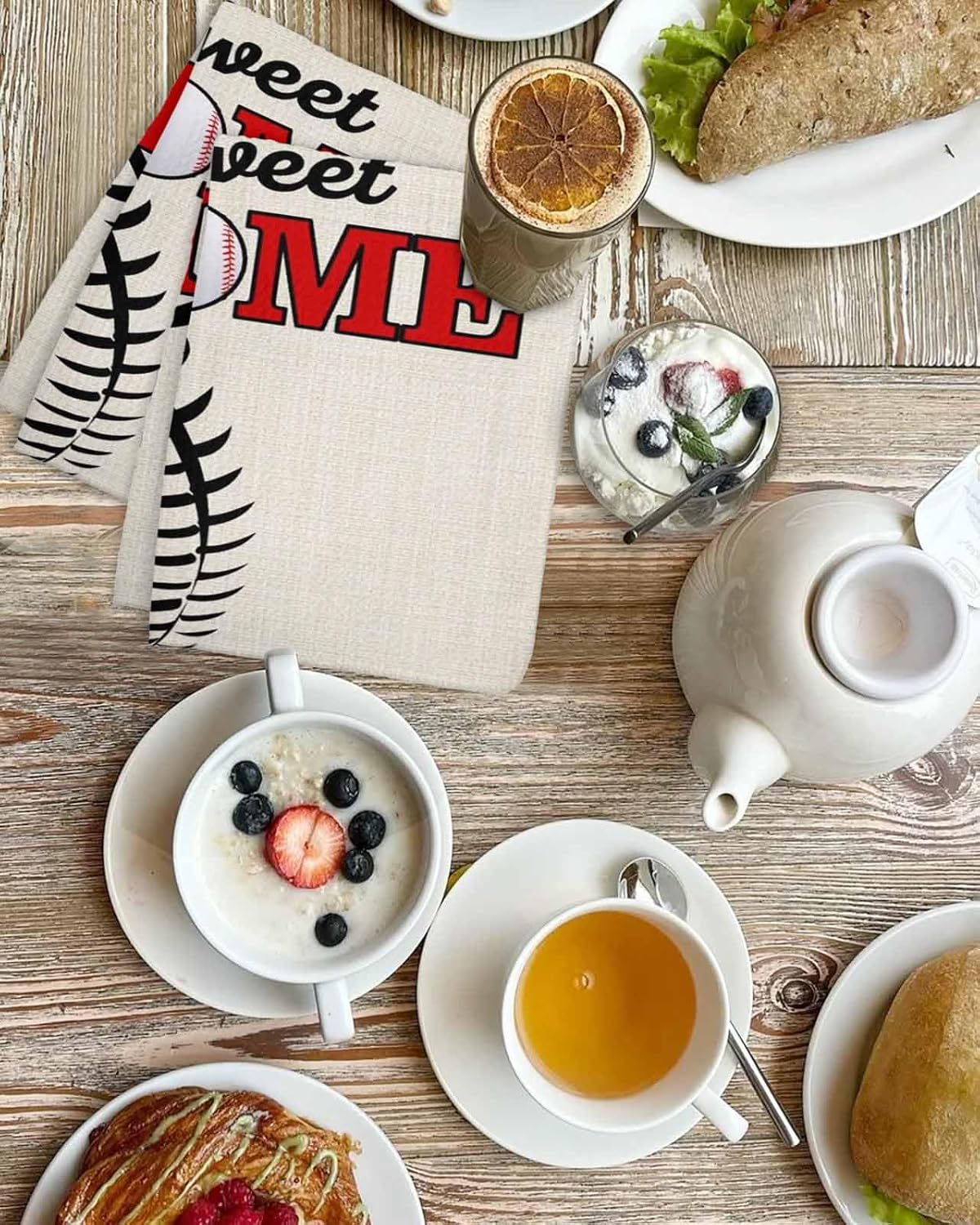 DecorLovee Baseball Sport Kitchen Towels Set of 3, Waffle Microfiber Towels Cleaning, Sweet Home Red Rustic Burlap Absorbent Dish Towels Cloths Decorative Hand Towels for Bathroom 16x24 Inch