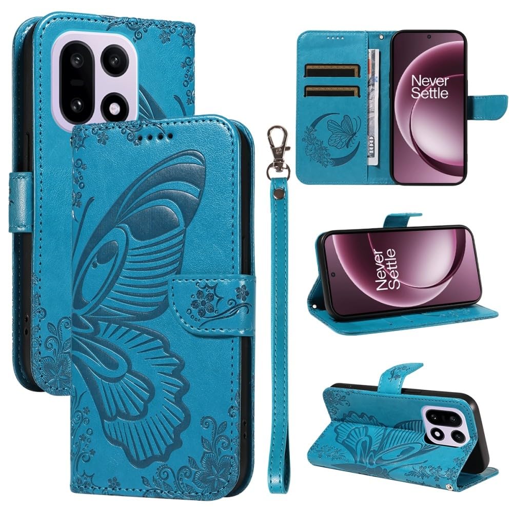 Generic Étui compatible avec Oppo A79 5G (Couleur : bleu) Motif papillon Portefeuille en cuir Étui à rabat