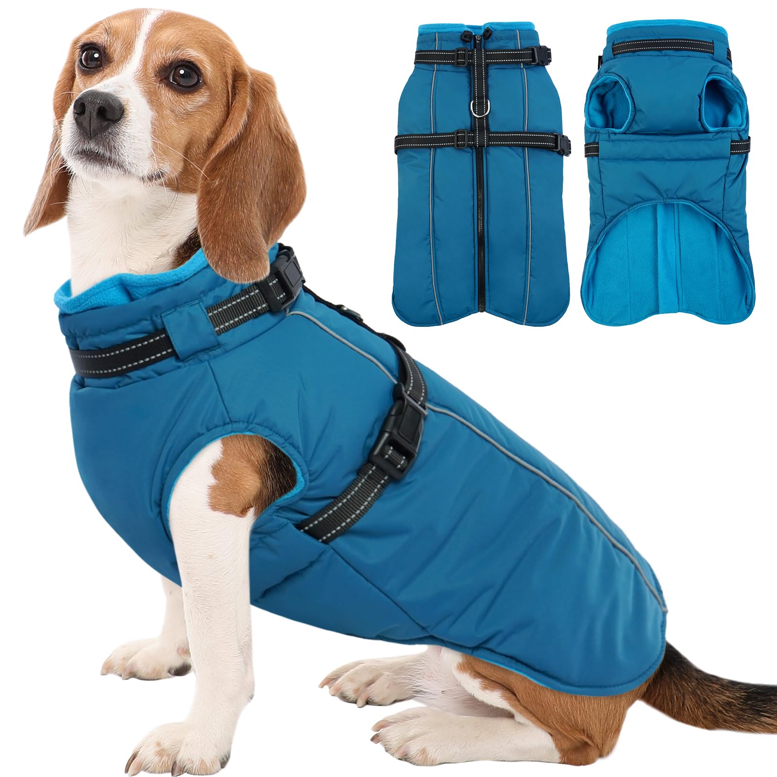 Kuoser Hundemantel für Mittelgroße Hunde Winter, wasserdichte Hundejacke mit Geschirr, Warmer Wintermantel Hund mit Fleecefutter, Fleecemantel Hundepullover Blau M