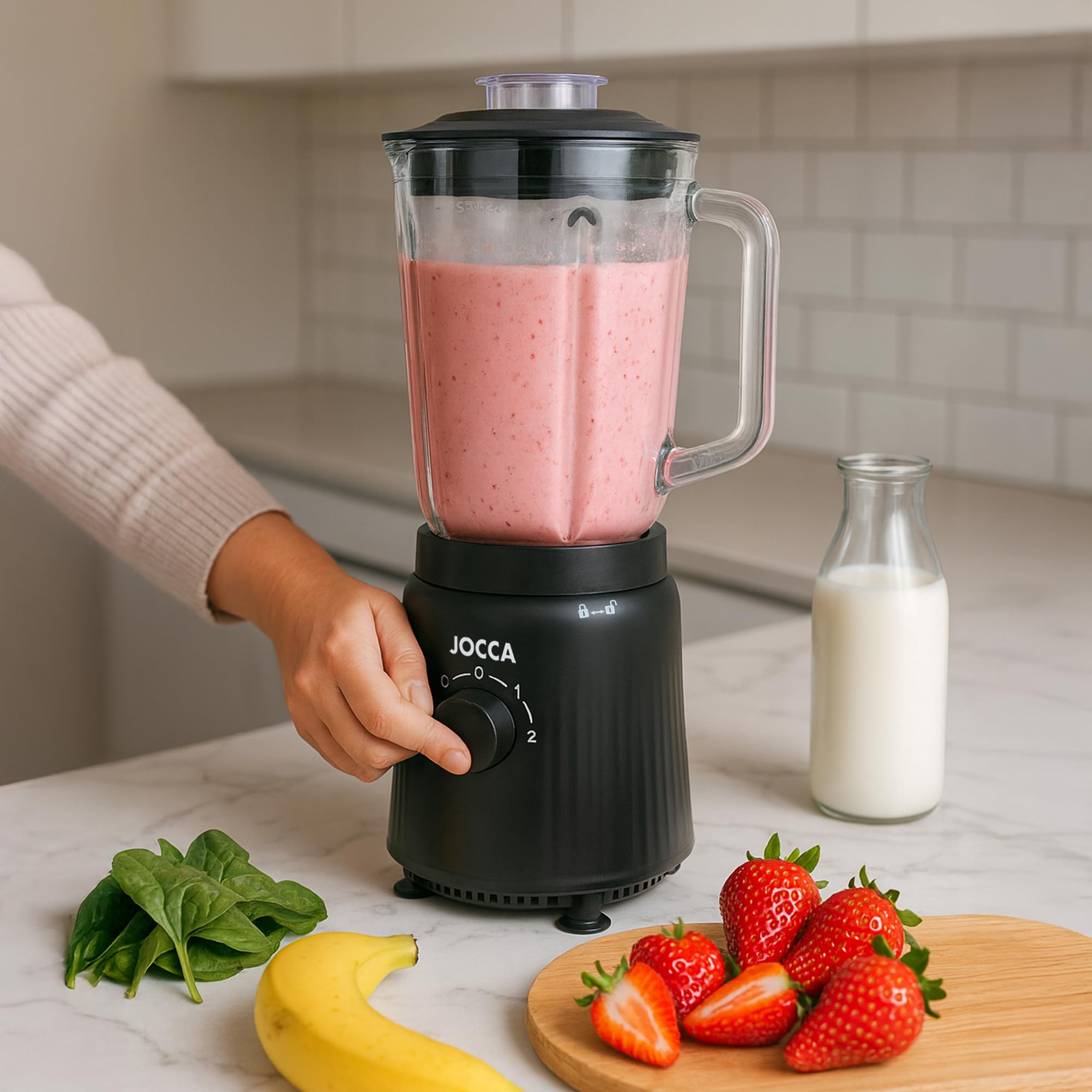 JOCCA - Batidora de Vaso con Jarra de Cristal 1,5L, 2 Velocidades + Pulse, Cuchillas de Acero Inoxidable, Sistema de Seguridad, Negro Mate, 1000W