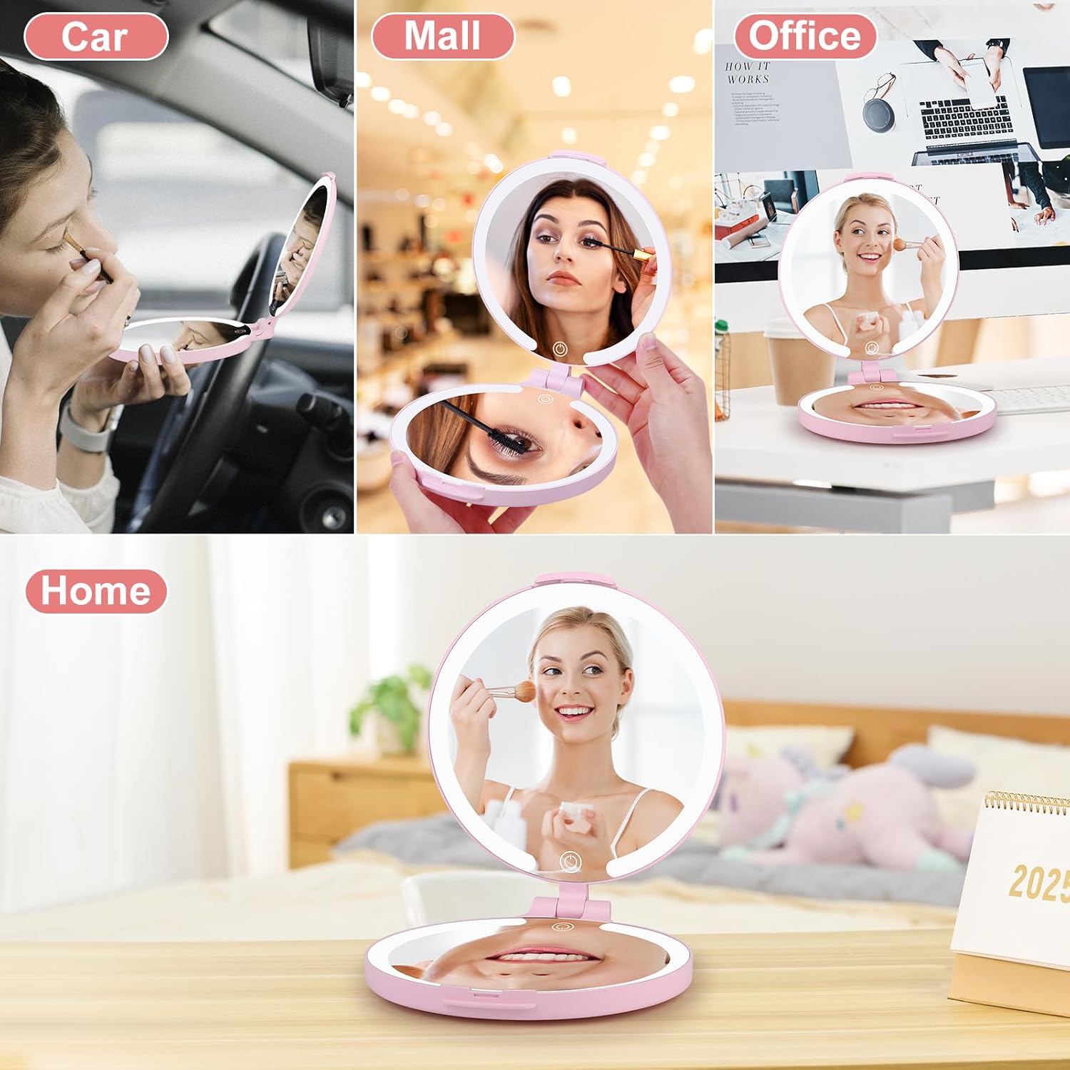 Travel Magnifying Mirror with 3 Colors Light, 7'' 1X/10X Makeup Mirror for Pocket, Travel, Rechargeable Portable 2-Sided with Touch Dimming for Girls,Women by Pink