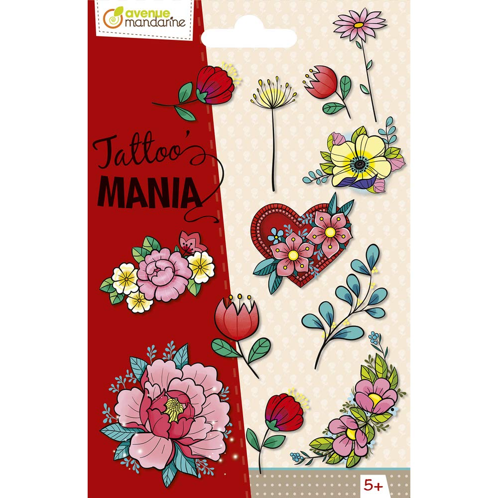 Avenue Mandarine CC051C - TATTOO'MANIA - 1 sheet 10.5x16 cm of 13 TATTOOs - From 5 years - FLOWERS THEME - Children's Creative and Leisure Activity - DIY