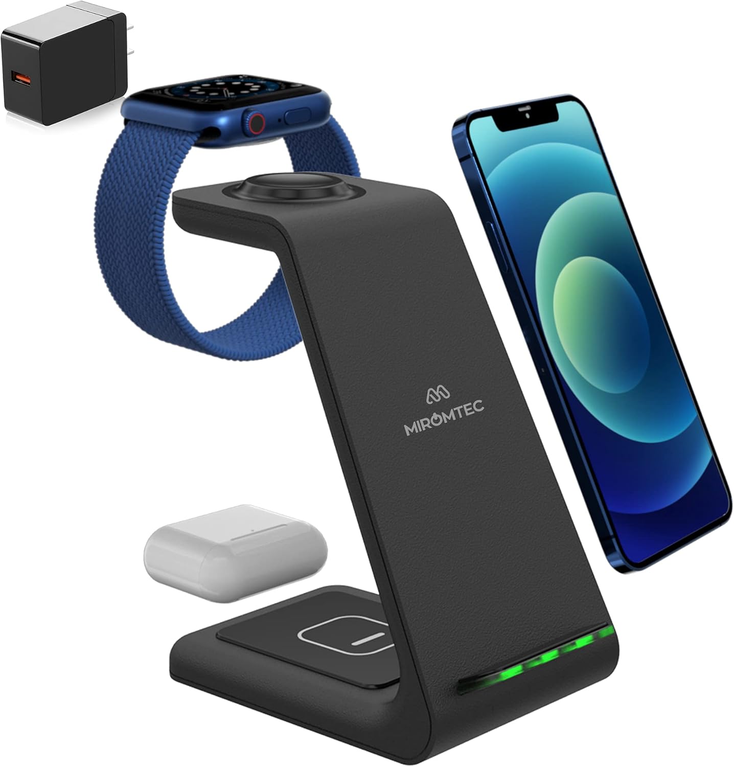 3 in 1 Wireless Charging Station for Multiple Devices - Qi Certified Charger Dock - Compatible with Apple Watch Charger 6,5,4,3,2 & AirPods Pro, iPhone 12 11 Pro Max Xs X Xr 8 (with QC 3.0 Adapter): Electronics