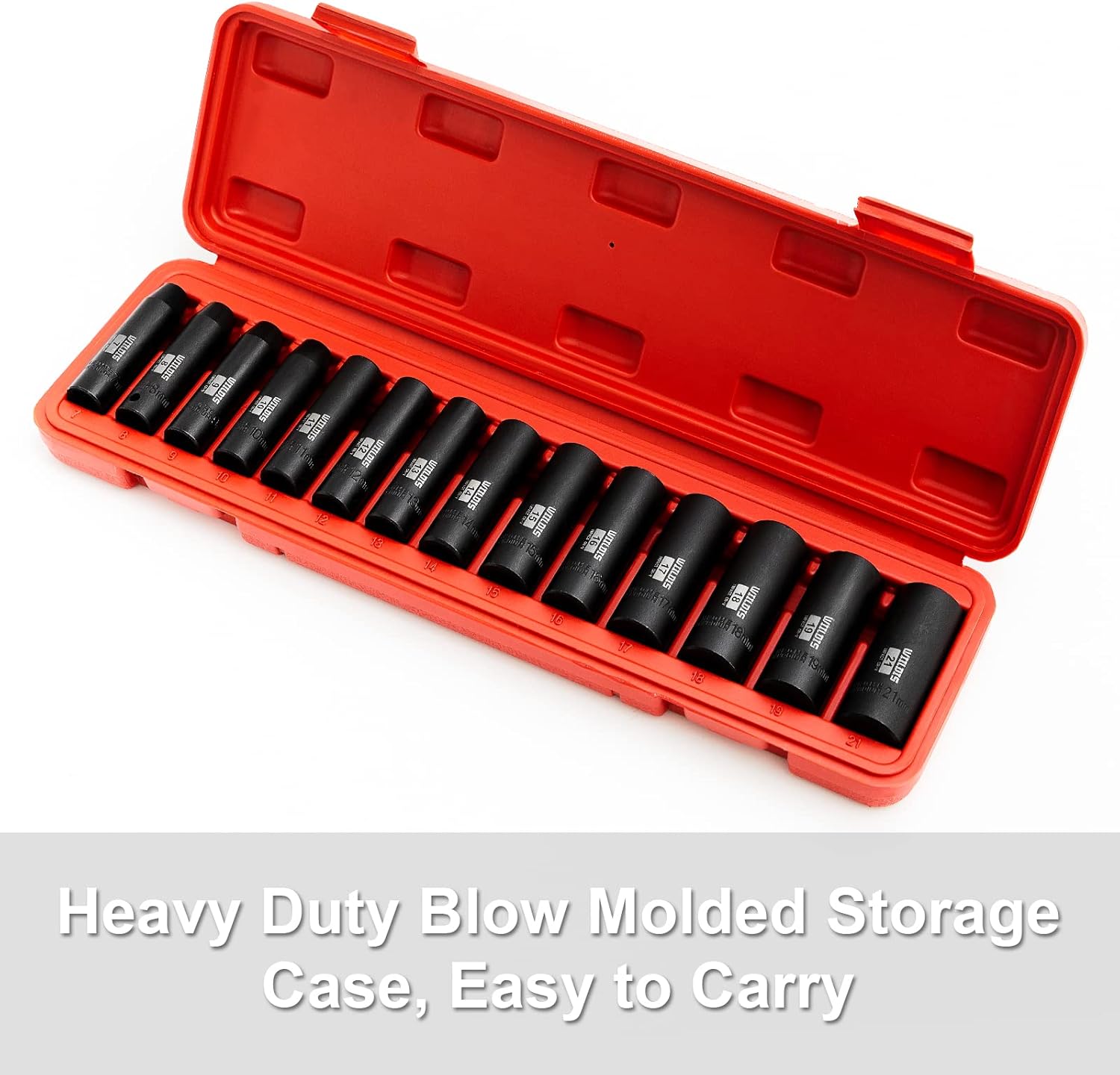 WIILDIS 14 Pieces 3/8-Inch Drive Deep Impact Socket Set, 7mm to 21mm, CR-V, Metric, 6-Point, 14 Pieces 3/8" Dr. Socket