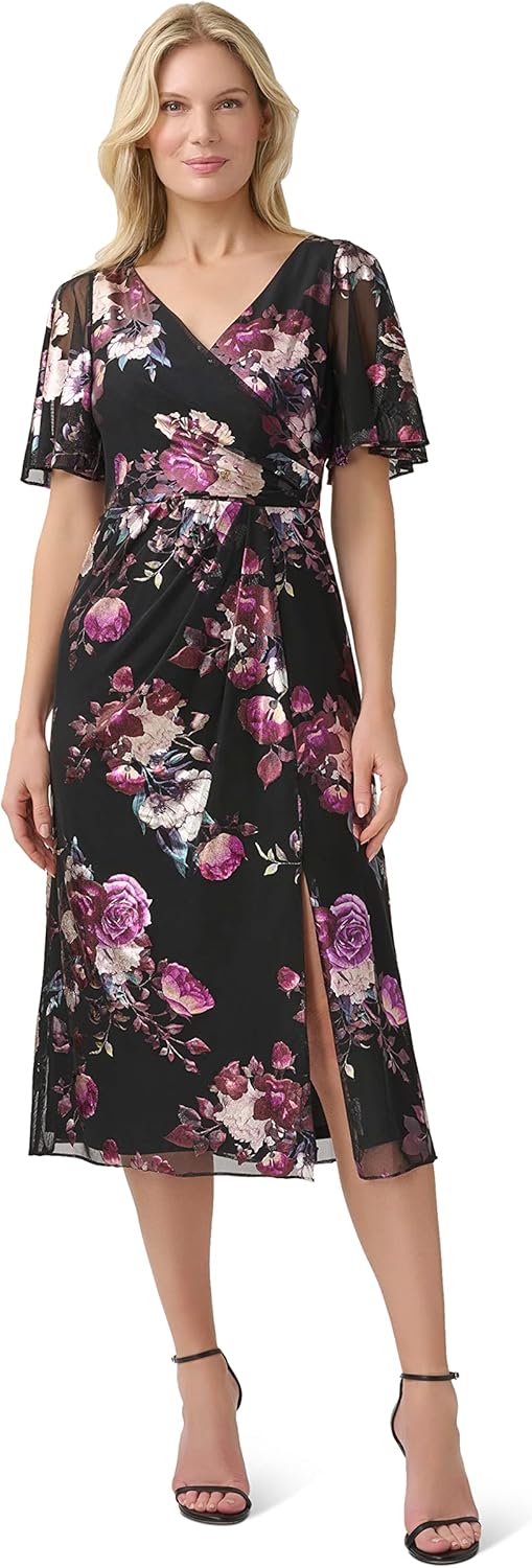 Adrianna Papell Women's Foil Mesh Draped Dress