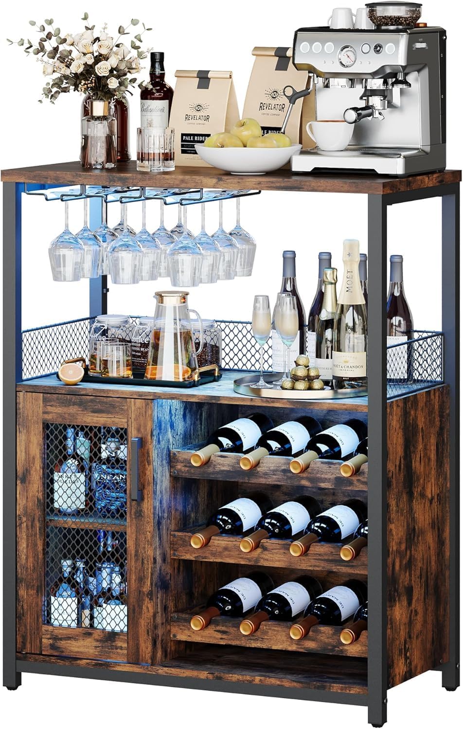 Zstar Armario para Vinos, Mueble Bar Industrial De 76 x 35 x 92 cm, Botellero Ajustable con Portavasos, Mueble Bar para Cocina, Comedor, Sala De Estar y Cafetería.