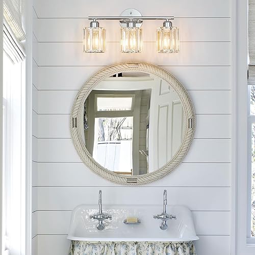 Miniatura 7 de Moderna lámpara de tocador de cristal de 3 luces, lámpara de baño vertical cromada sobre espejo para tocador y fregadero, compatible con bombillas