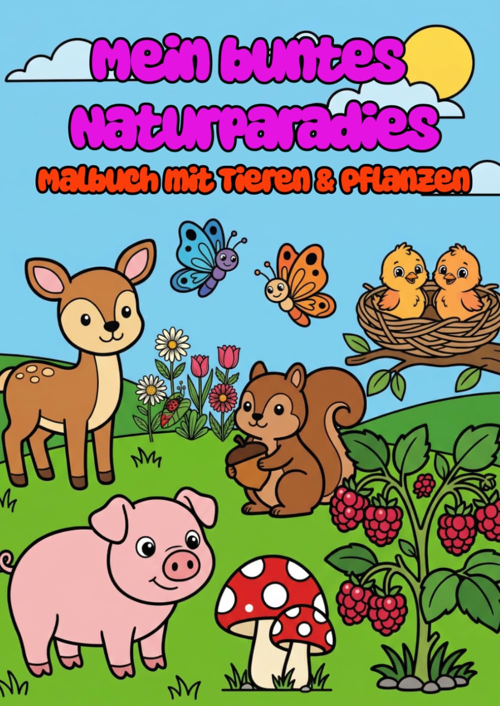 Mein buntes Naturparadies – Malbuch mit Tieren & Pflanzen - DIN A4: Perfektes Geschenk für Kinder – Malbuch mit einfachen Tier- & Pflanzenmotiven