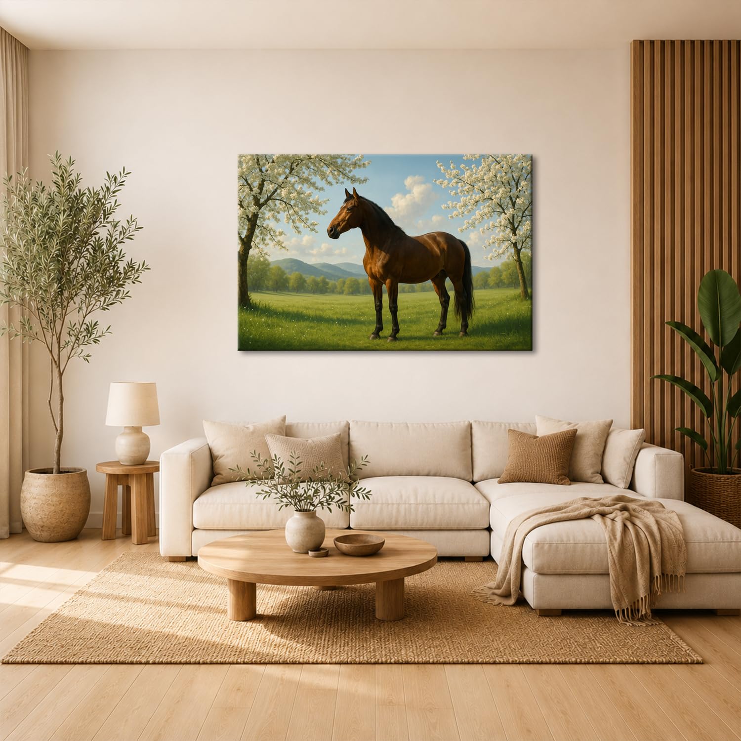 deyoli Obraz na płótnie brązowy koń stoi na wiosennej łące 60 x 40 cm kolorowy