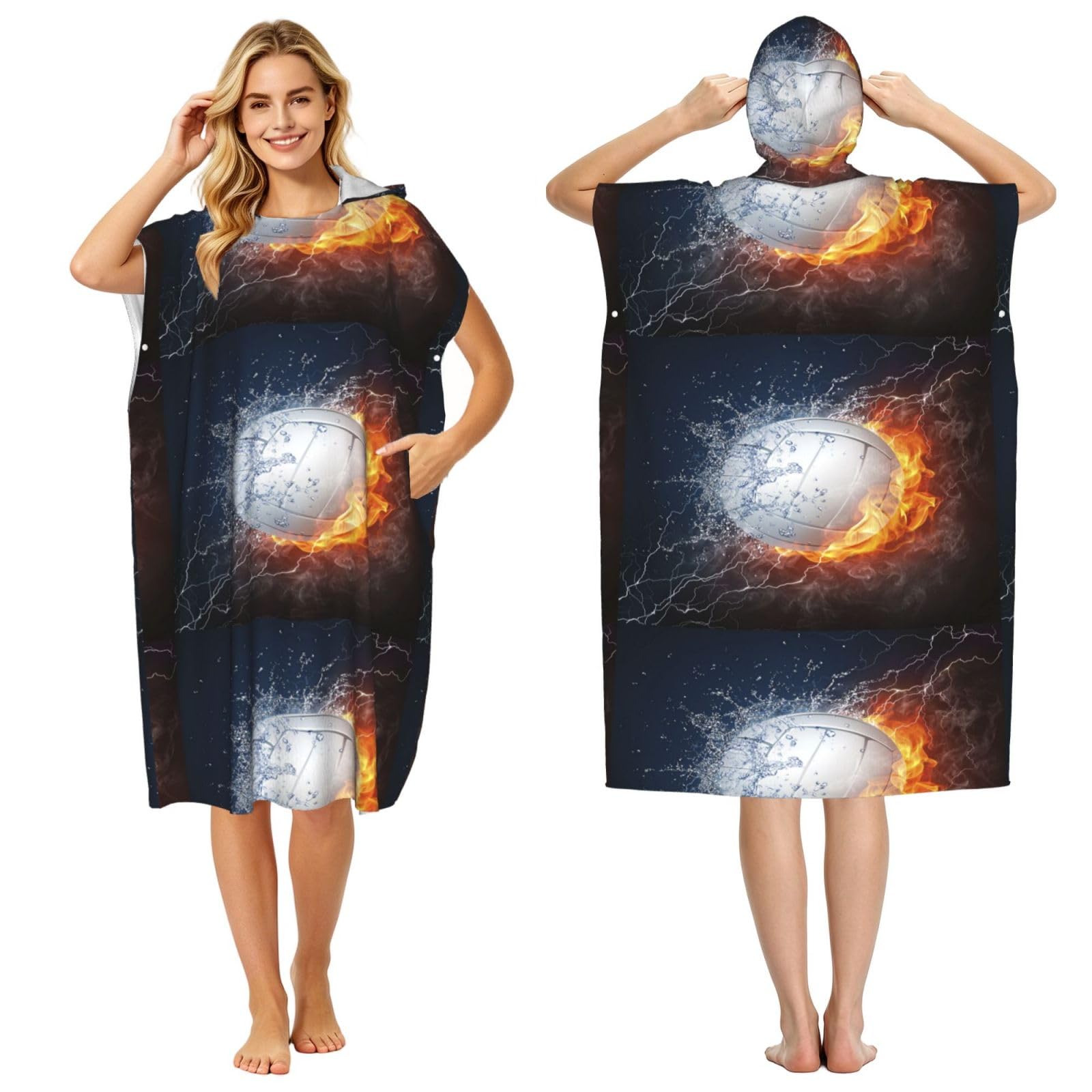 Poadnly Ice And Fire Volleyball, Adult Hooded Beach Towel 90 x 110 cm,Changing Bath Robe, Surf Poncho Towel For Women Men