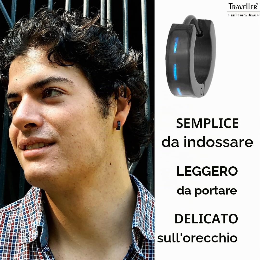 Traveller Orecchini a cerchio da uomo, in acciaio inox, colore nero e carbonio