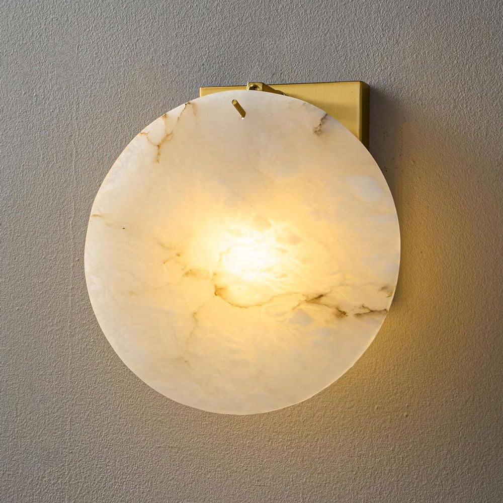 SSBHDM 7.8 Inch Round Alabaster Wall Sconce, E14 Light Source Natural Marble Wall Light, Medieval Modern Style Wall Lamp, Restaurant Living Room Bedroom Decoration Light Fixtures
