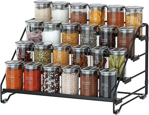Jolitac Organizador de especias de 4 niveles, estante ajustable de profundidad, estante de especias de metal, perfecto para almacenamiento de