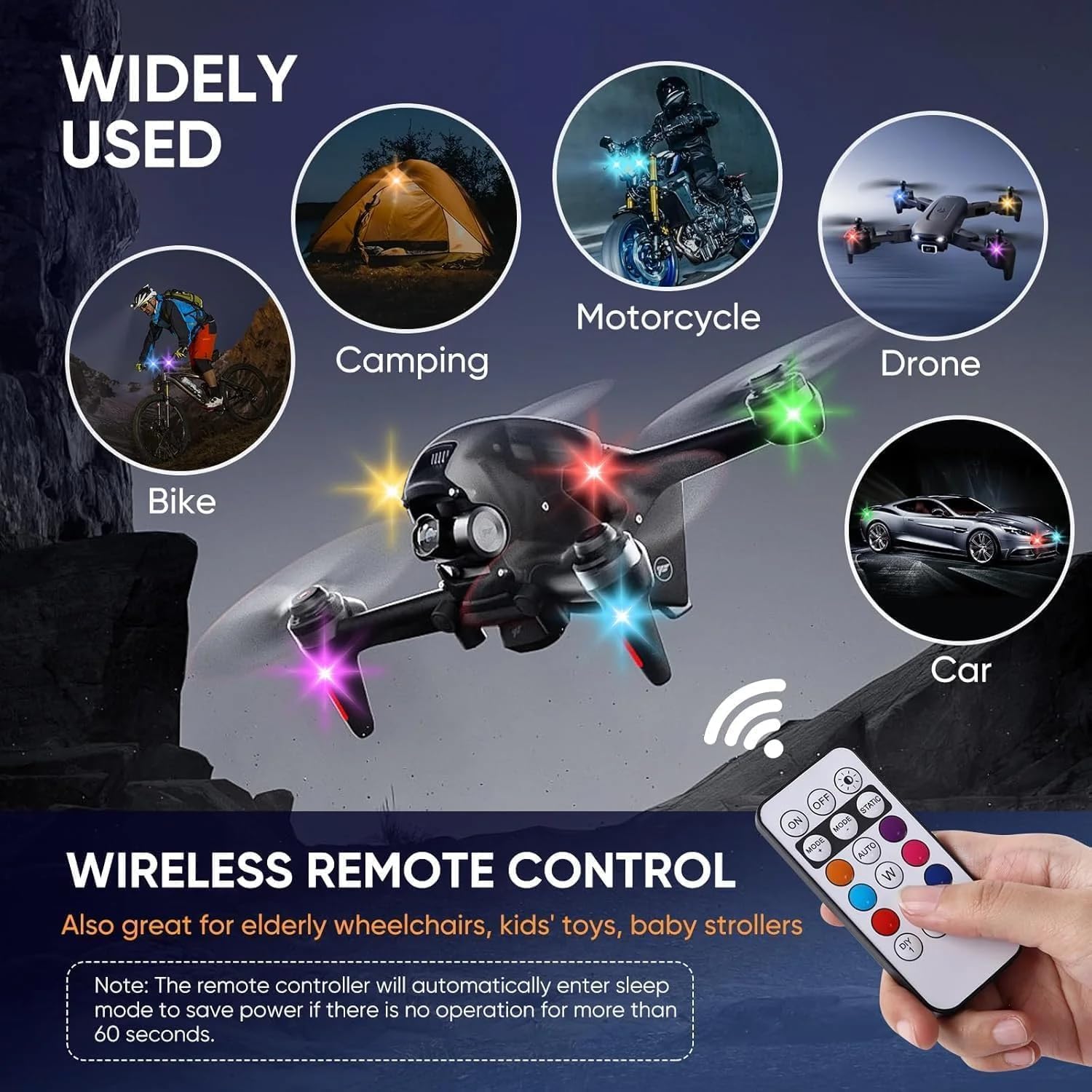 Wireless RGB LED Lights with Remote Control, Flux High Brightness Wireless LED Strobe Light, 8 Colors 10 Flash Modes USB Charging, for Drone Car Motorcycle Bike (8PCS)