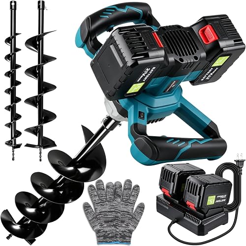 Auger Post Hole Digger,Post Hole Auger,Electric Earth Auger,Includes 2 Drill bit.Two Batteries and Dual-Port Fast Charger,Forward/Reverse Function,for Post Hole Digging,Drilling,Tree Planting