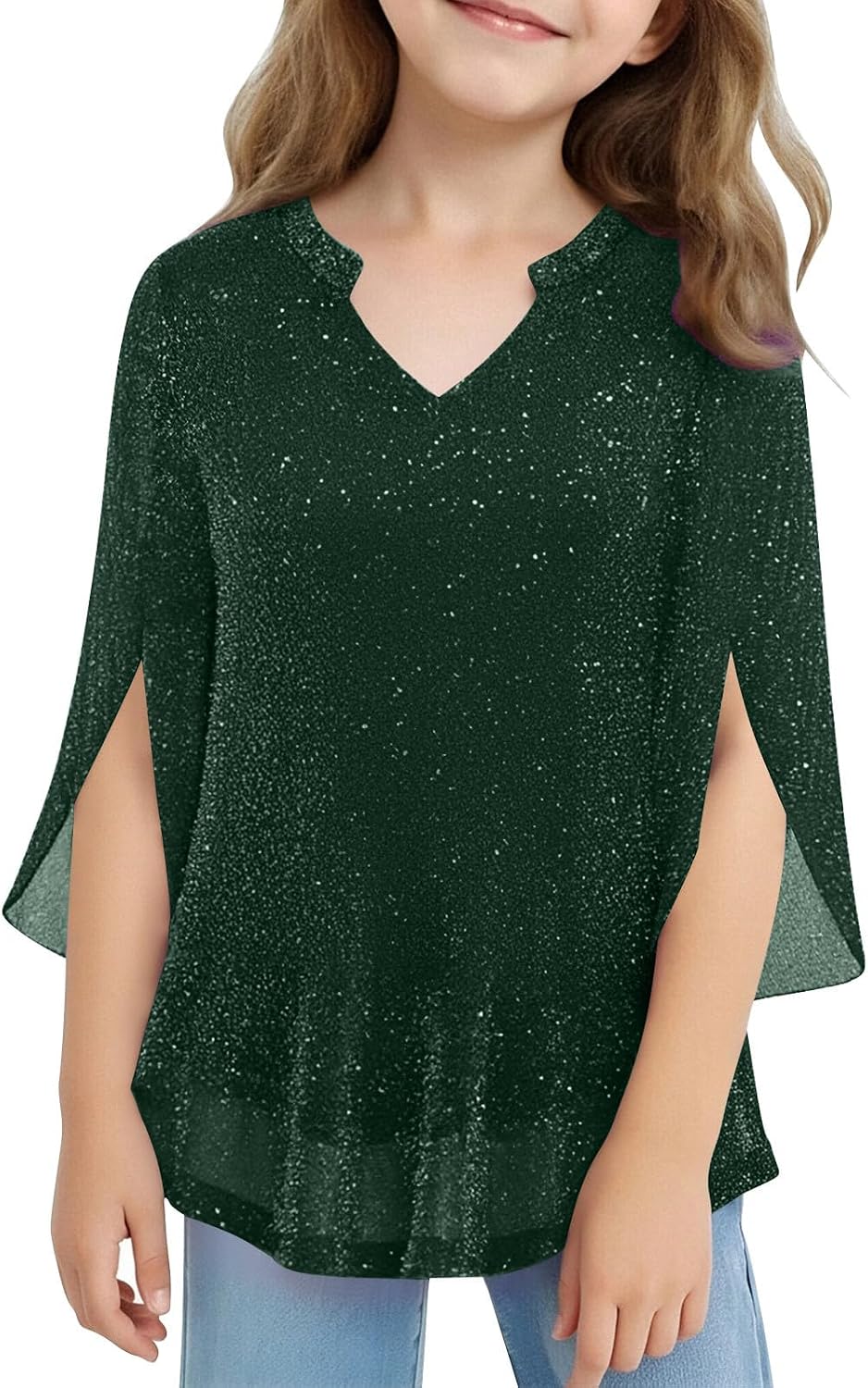 Girls Sparkly Mesh Tops 3/4 Length Slit Sleeve Kids Tops Party Club Prom Outfits Breathable V Neck Glitter Shirts