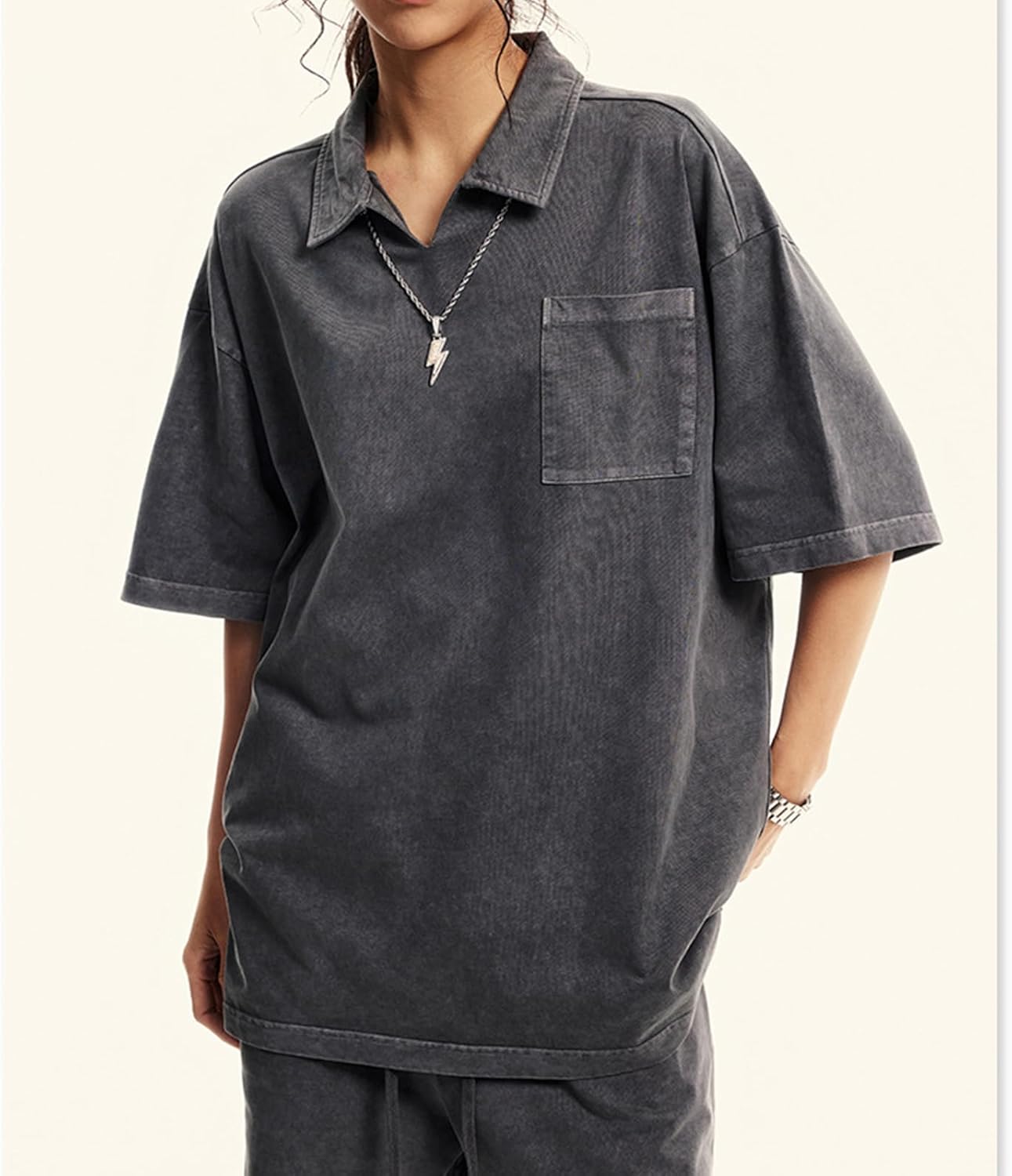 Men's Oversized T-Shirt Unisex Vintage Cotton Tees Solid Color Shirts V Neck Aesthetic Streetwear Casual Top - Image 3