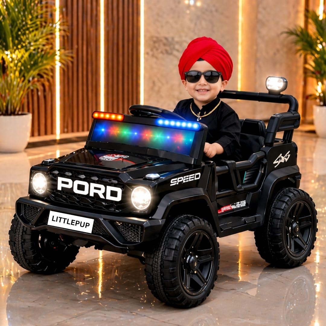 Little Pup 4x4 Electric Jeep Ride-on Car for Kids, 12V Battery Powered, Red Plastic, Remote Control, Bluetooth Music, LED Lights, Manual Drive, Ages 1-6 Years (Black)
