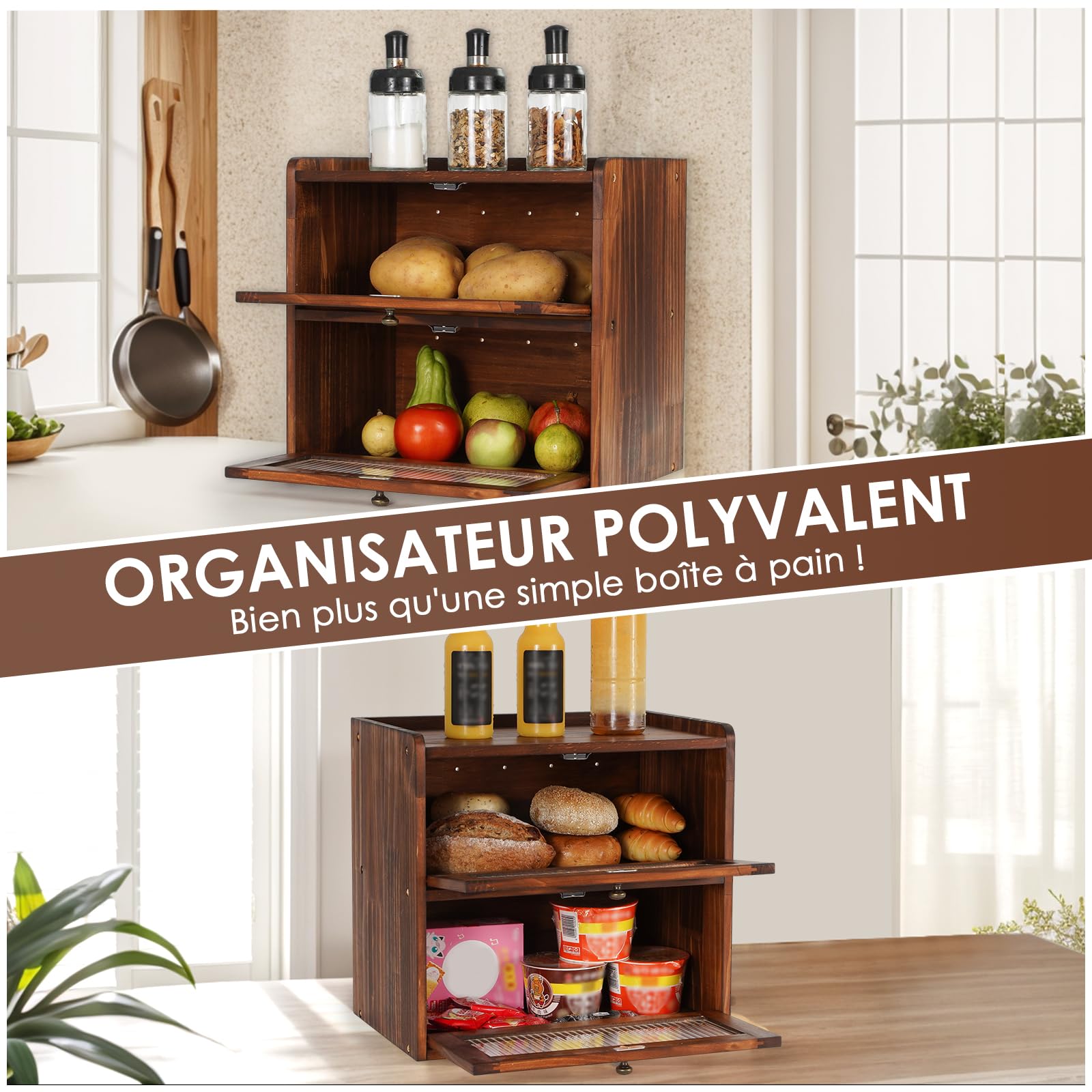 GUUSII HOME Boîte à pain en bois pour comptoir de cuisine, grand récipient alimentaire fait maison avec ouverture frontale vintage pour fruits et légumes, 36,5 x 24 x 34 cm (marron, L)