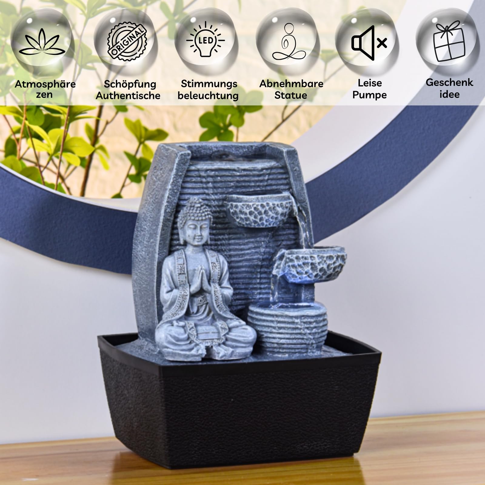 Innenbrunnen Zimmerbrunnen Feng Shui Weisheit LED Beleuchtung 24 cm, Grau