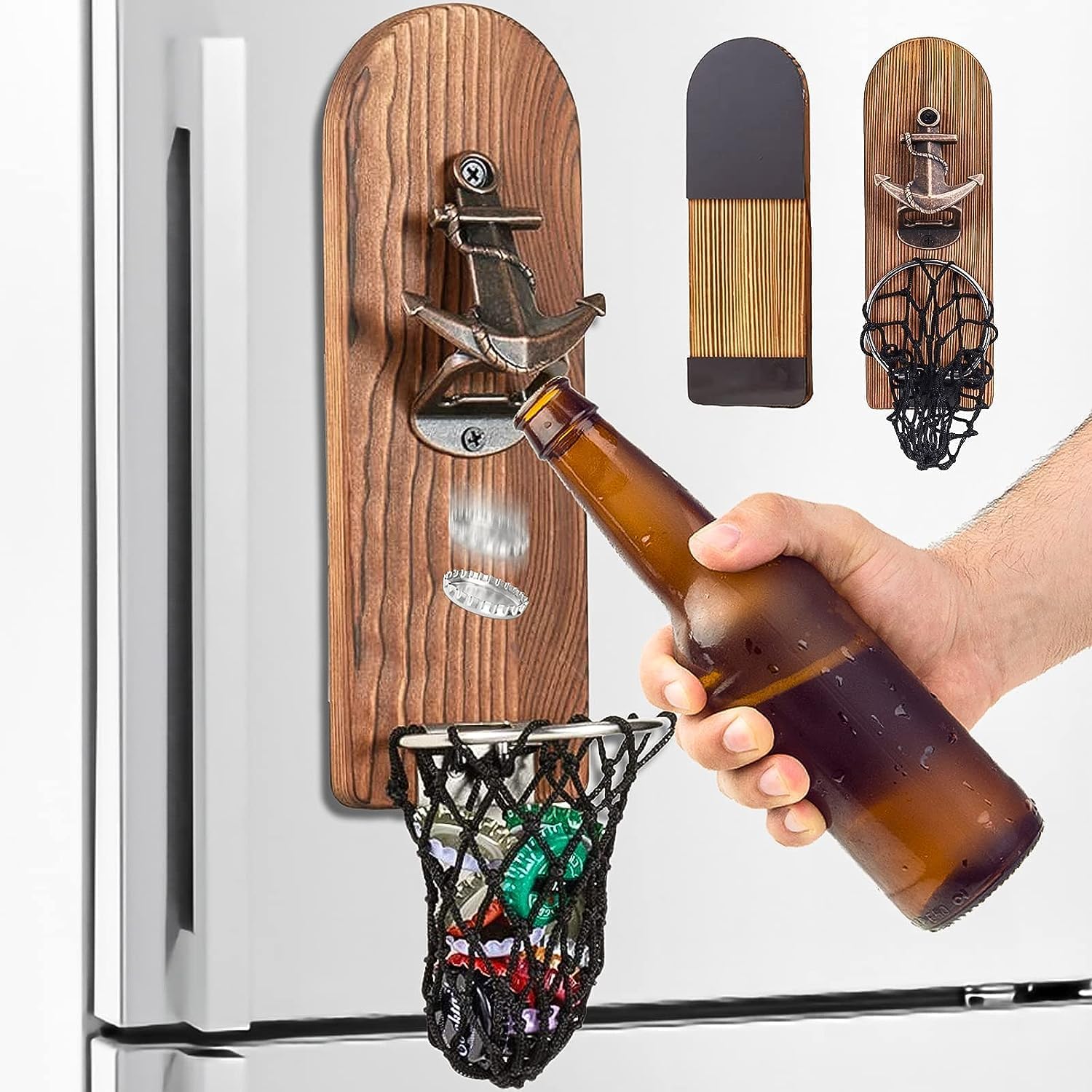 Beer Bottle Opener Wall Mounted with Magnetic Cap Catcher,Wooden Magnetic Bottle Opener for Fridge,Vintage Beer Gifts for Men, Man Cave Decor,Gifts for Men and Beer Lovers(Style 4)