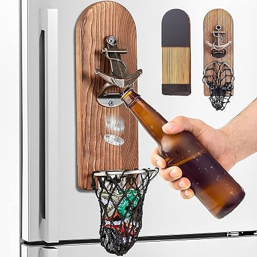 Miniatura 2 de LUCYLANKER Abrebotellas de cerveza montado en la pared con receptor de tapa magnética, abrebotellas magnético de madera para refrigerador, regalos