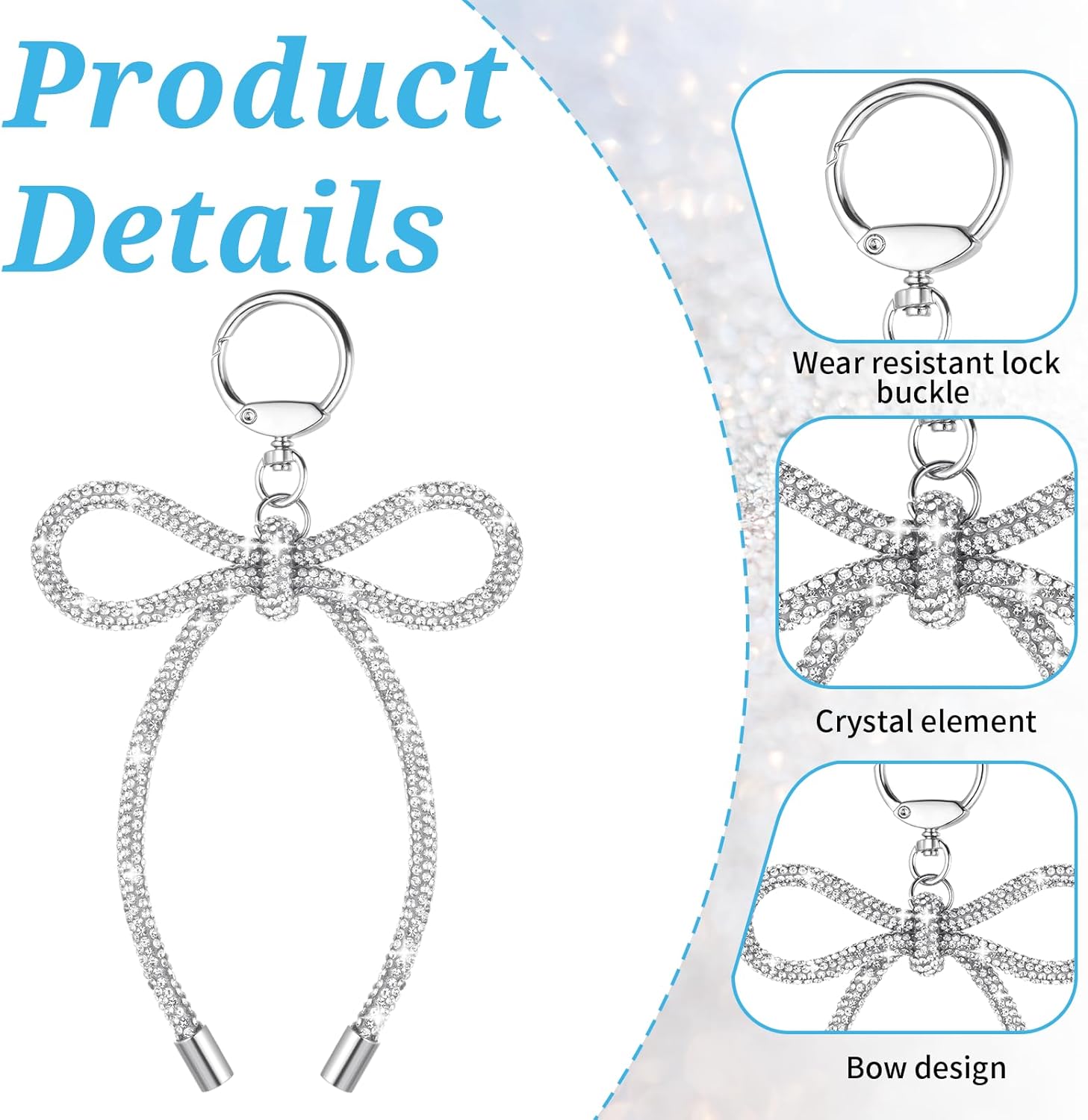 Silver Bow Rhinestone Keychain Accessories, Crystal Bow Key Chains, Cute Ribbon Bowknot Pendant Bag Charms, Bling Bowknot Keyring Charm for Backpack Charms Key Ring Women - Image 4