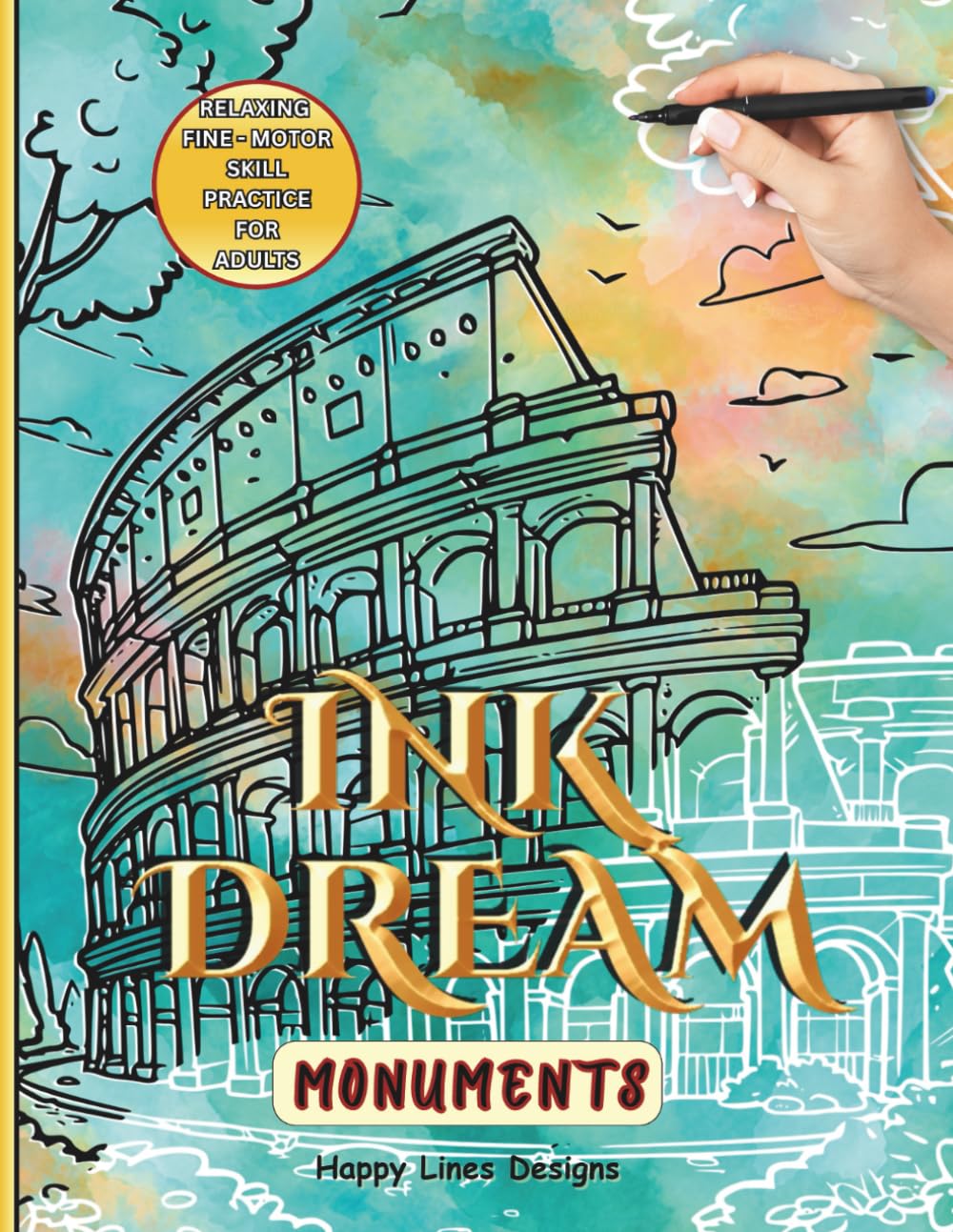 INK DREAM-MONUMENTS: Trace 35 Landmarks | Relaxing Ink Tracing Book with White Line Designs & Watercolor Backgrounds for Adults and Teens