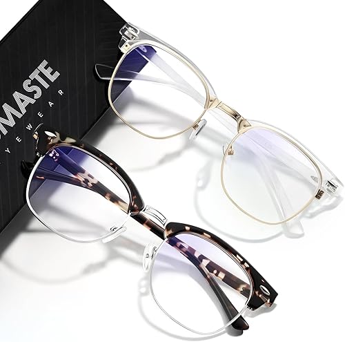 Vista 55 de Lentes de bloqueo de luz azul, vintage, medio marco, lente transparente UV, antifatiga ocular, gafas de juegos para computadora para mujeres