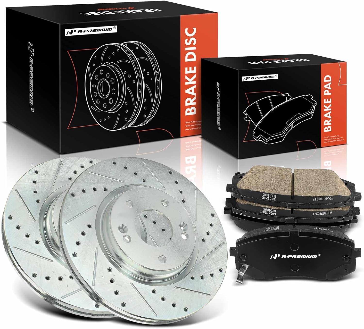 A-Premium 12.00 inch (305mm) Front Drilled and Slotted Disc Brake Rotors + Ceramic Pads Kit Compatible with Select Hyundai and Kia Models - Sonata 2015-2019, Kona Electric, Optima, Niro EV, 6-PC Set