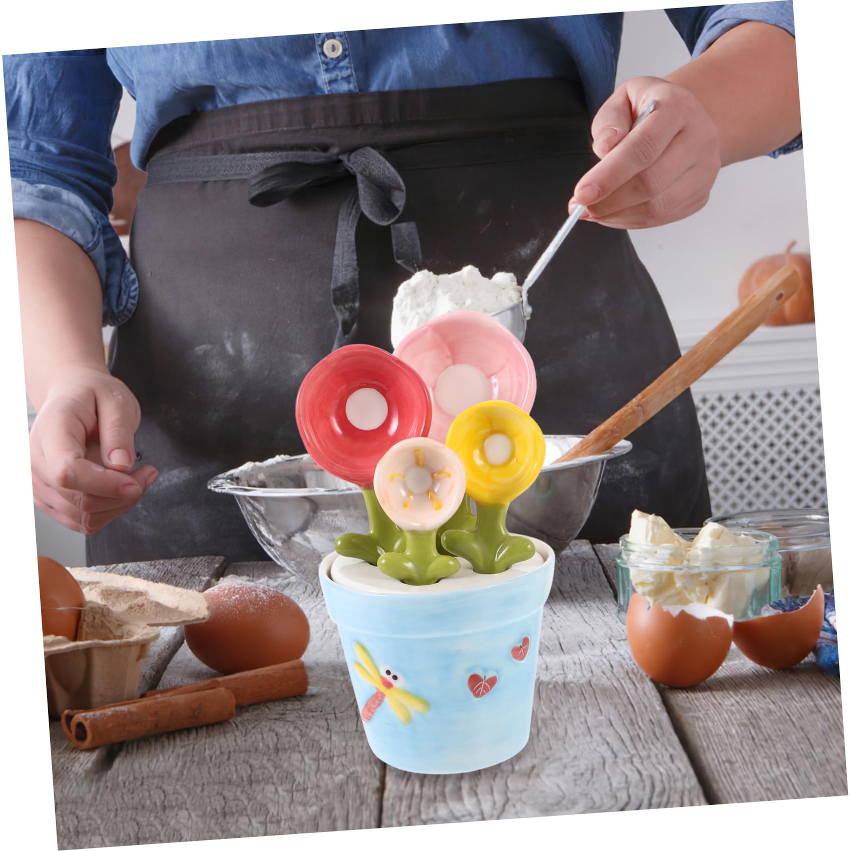 Keramik Messlöffel Satz Blumenförmig mit Sockel Tragbarer Zutatenlöffel zum Backen und Messen von Feuchten Zutaten Praktisches Küchen Zubehör