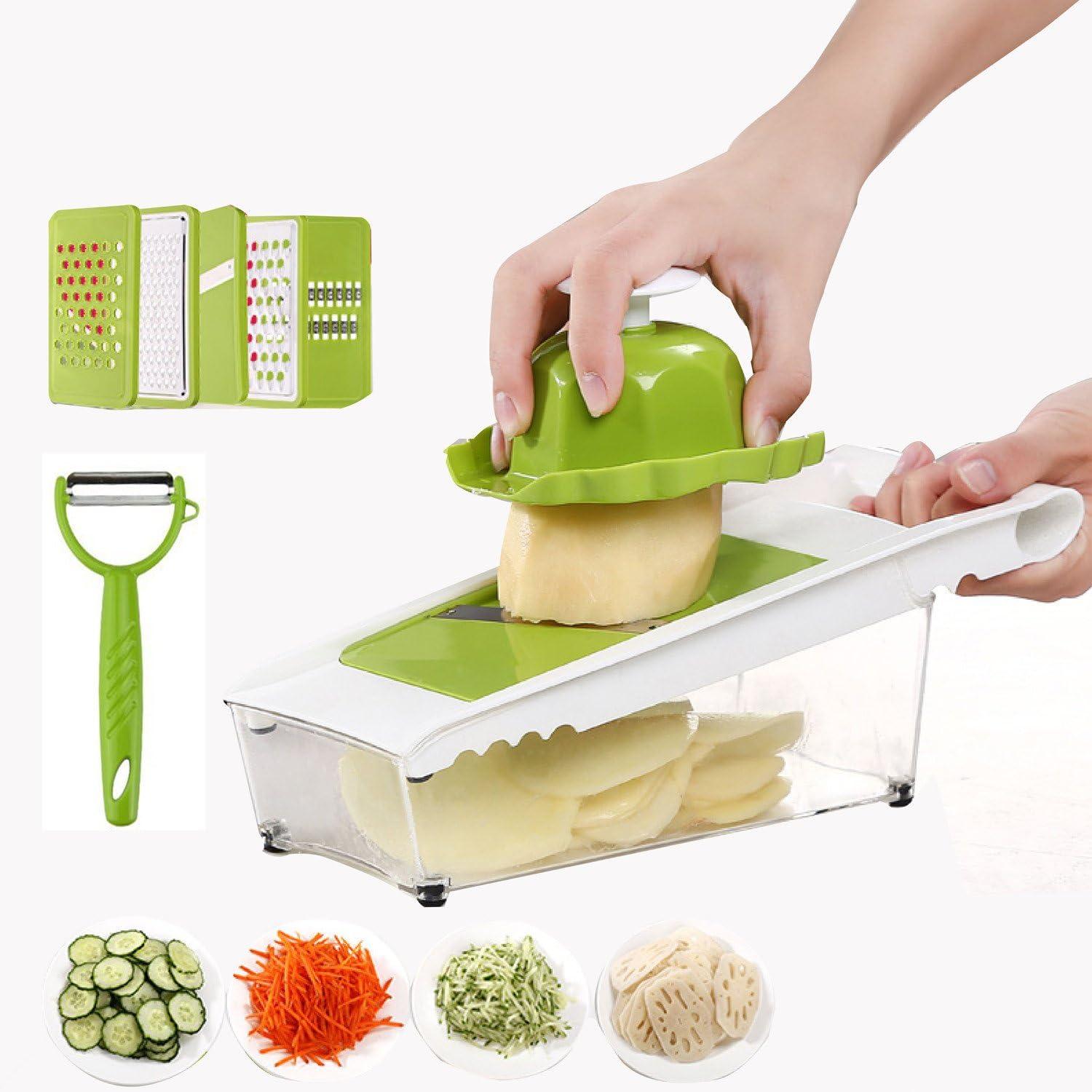 AMAMDOOG Mandoline Slicer + Peeler - Potato Slicer - Vegetable Cutter- Cheese Grater with 5 Thickness Stainless Steel Blades & Food Container,Cutter for Potato,Cucumber,Onion,Cheese