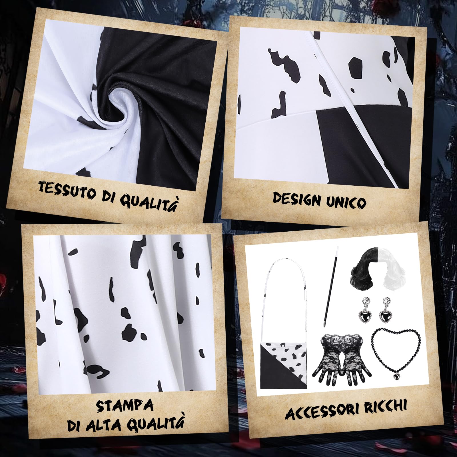 IEEILULU Cruella Costume Bambina, Vestito Crudelia Demon Donna, Costume da Crudelia Deville per Ragazze, Buono per il Ragazze Cosplay di Halloween - il Carnevale del Male