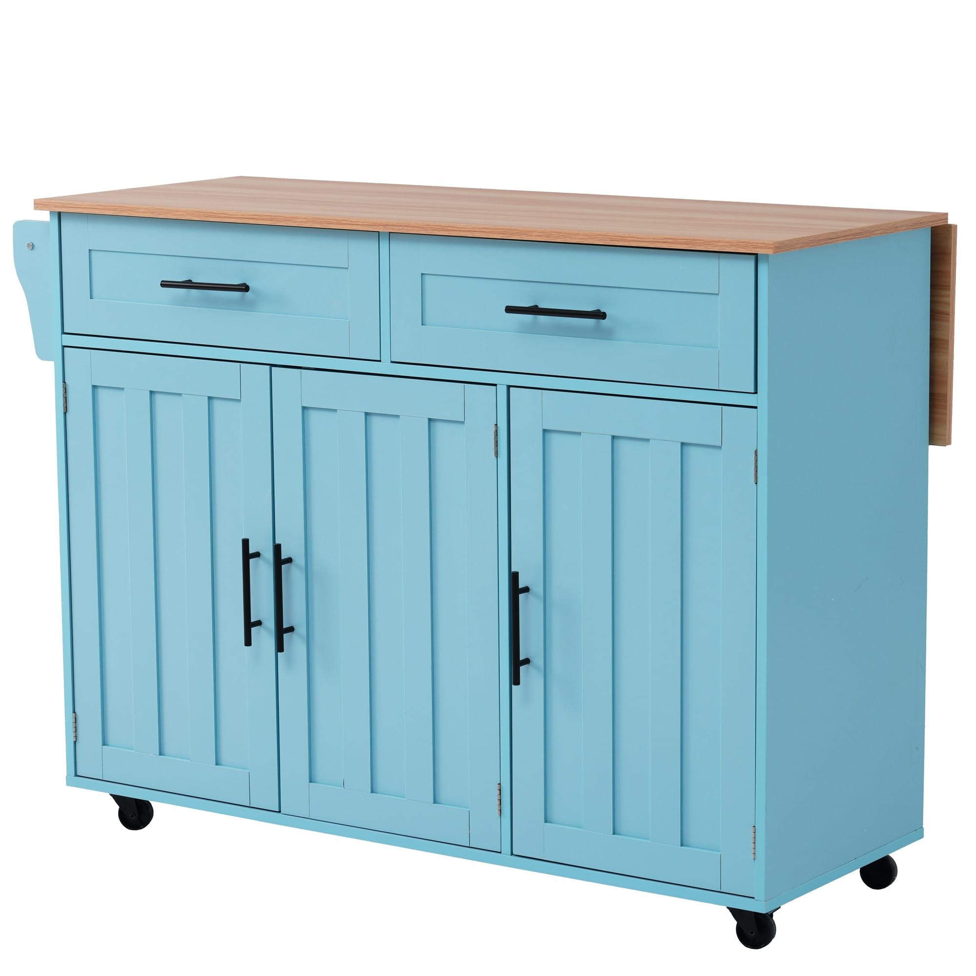 Azkoeesy Carrito de cocina con 5 ruedas, isla de cocina con encimera ampliable, armario de cocina, carrito de servir, con 2 cajones y estante, 129 x 91,5 x 46-71 cm (azul)