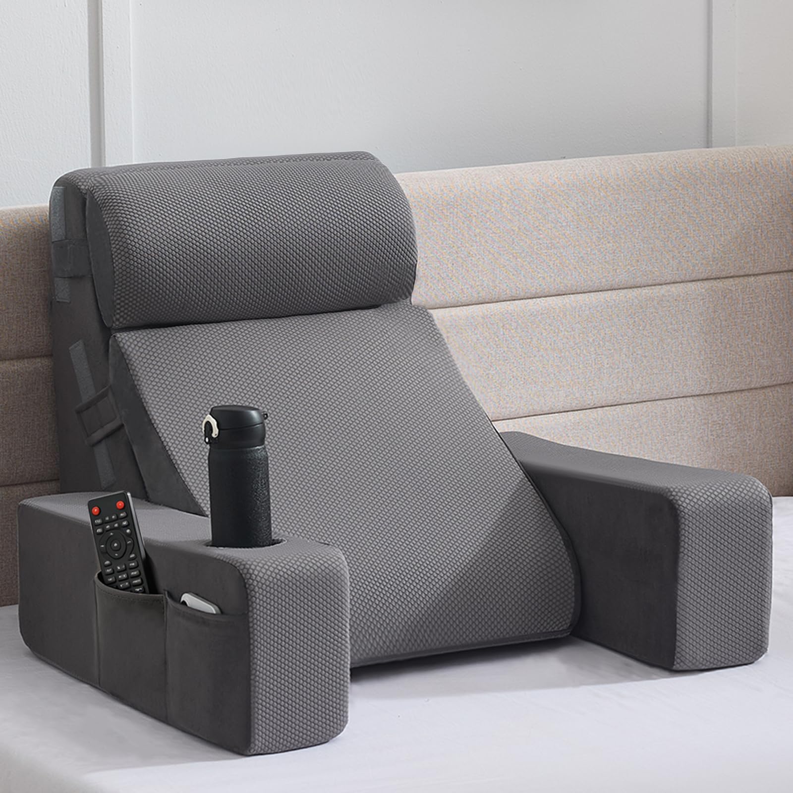 Photo 1 of Paxato Reading Pillow for Sitting in Bed Adult, Back Pillow for Bed Sitting up with Arms, Pockets and Cup Holder, Sit Up Backrest Pillows for Beds Chair Support, Rest Pillow for Gaming