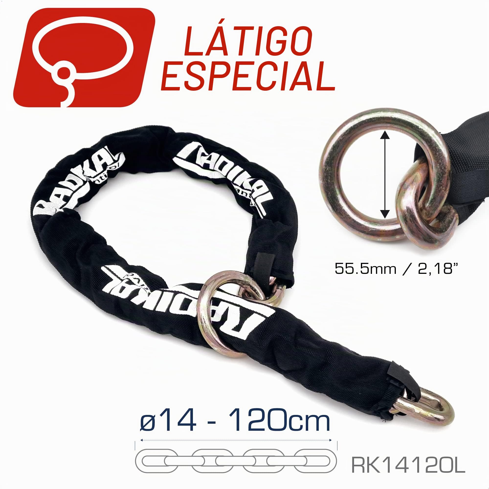 RADIKAL RK14120L Cadena Antirrobo Moto Alta Seguridad, Eslabones Acero Cementado ø14mm, 120cm Anilla Lazo, Funda Textil, Candado Cadena Anclaje Garaje, Contenedores, Portones, Scooter, Bici Eléctrica