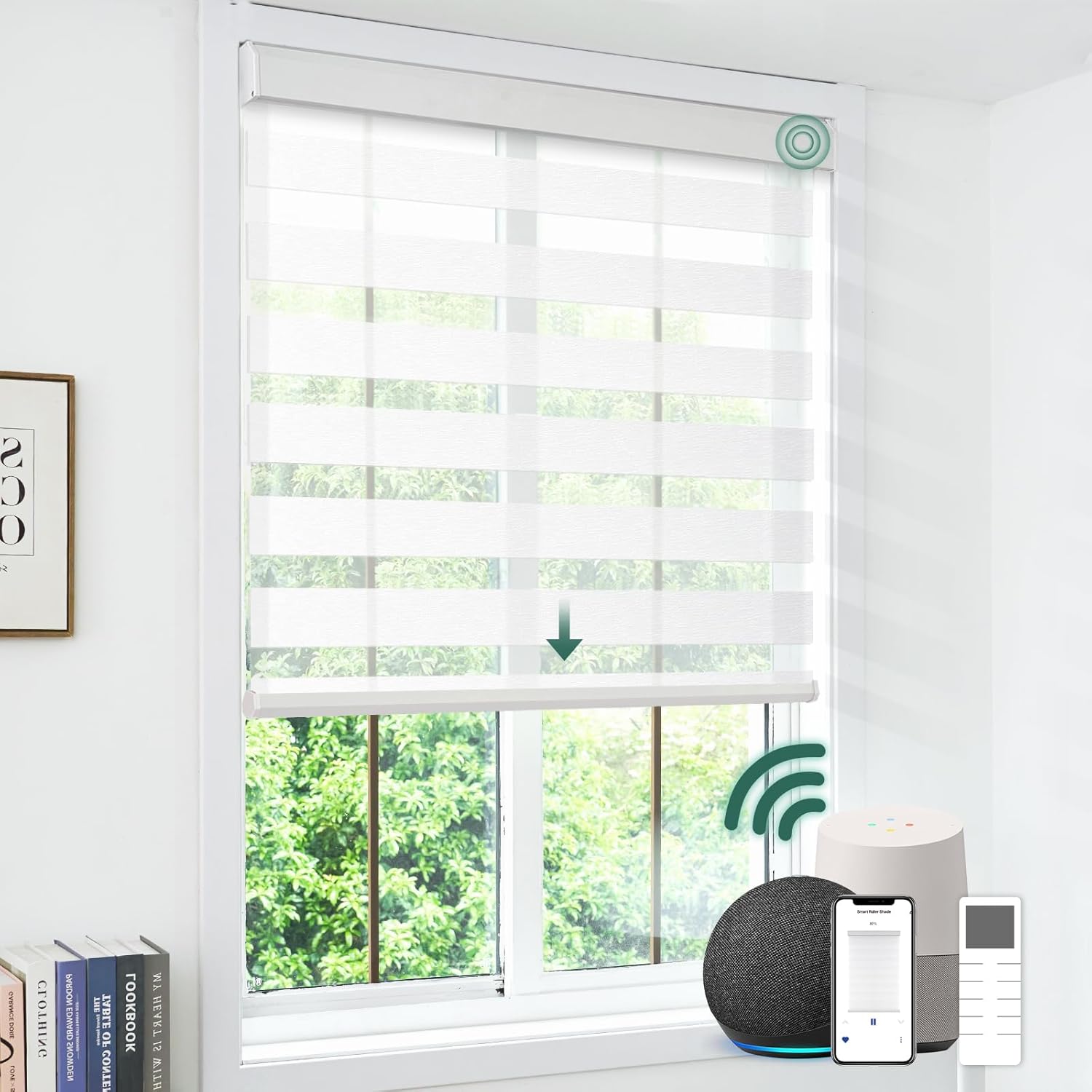 Motorized Zebra Blinds, Cordless Blackout Window Shades with Remote, Custom Dual Layer Smart Roller Shades Compatible with Alexa Google Assistant, Automatic Light Filtering Blinds,Luxury White