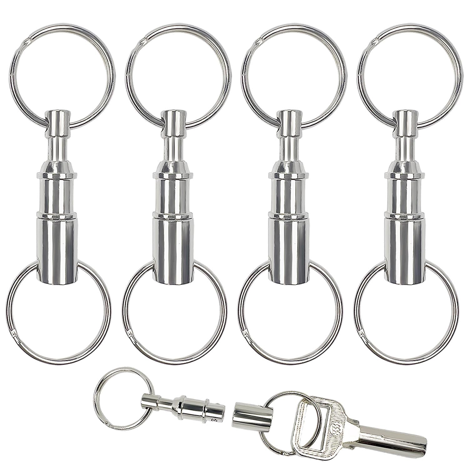 ZYWQ Quick Release Keyring, 4 Pack Detachable Keychain with 2 Split Rings Detachable Pull Apart Keychain Dual Pull Apart Key Chain(Silver)
