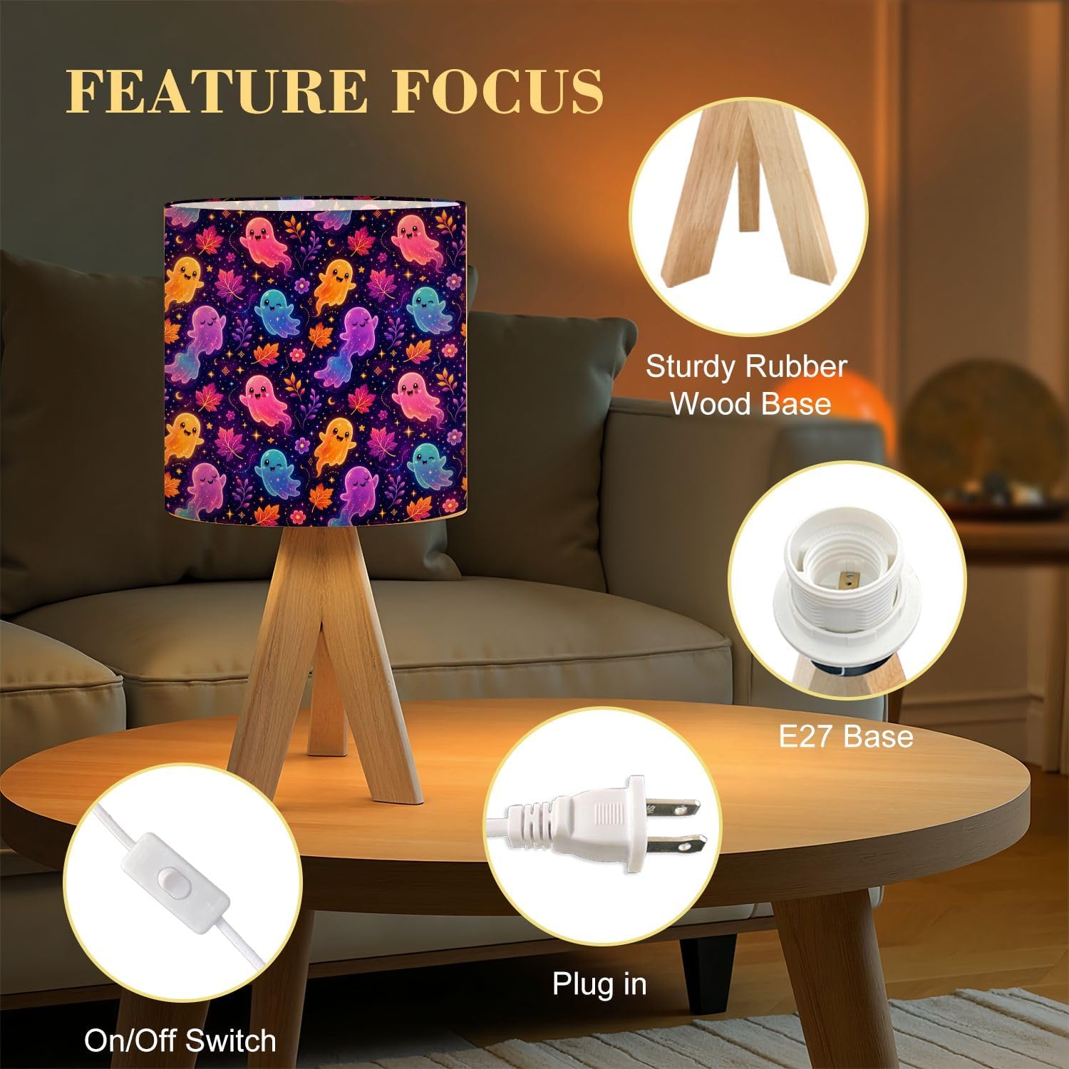 Tripod Bedside Table Lamp for Bedroom Cute Colorful Kawaii Ghosts Floral Nightstand Lamps Desk Lamp with Linen Fabric Shade for Nursery Room Living Room Kids Room image 5