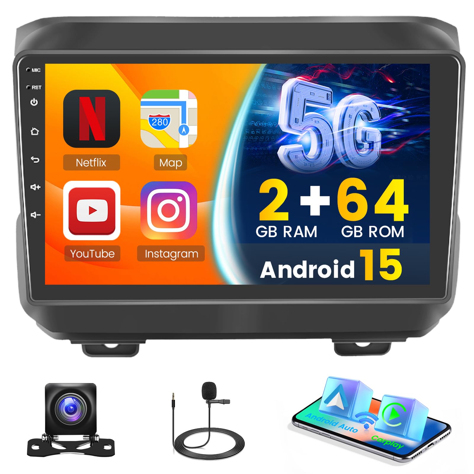 [4Core 64G] Android 15 Car Stereo for Jeep Wrangler JL 2018-2021/ Jeep Gladiator JT 2020-2021, Hikity 9" Touchscreen Car Radio Wireless Carplay