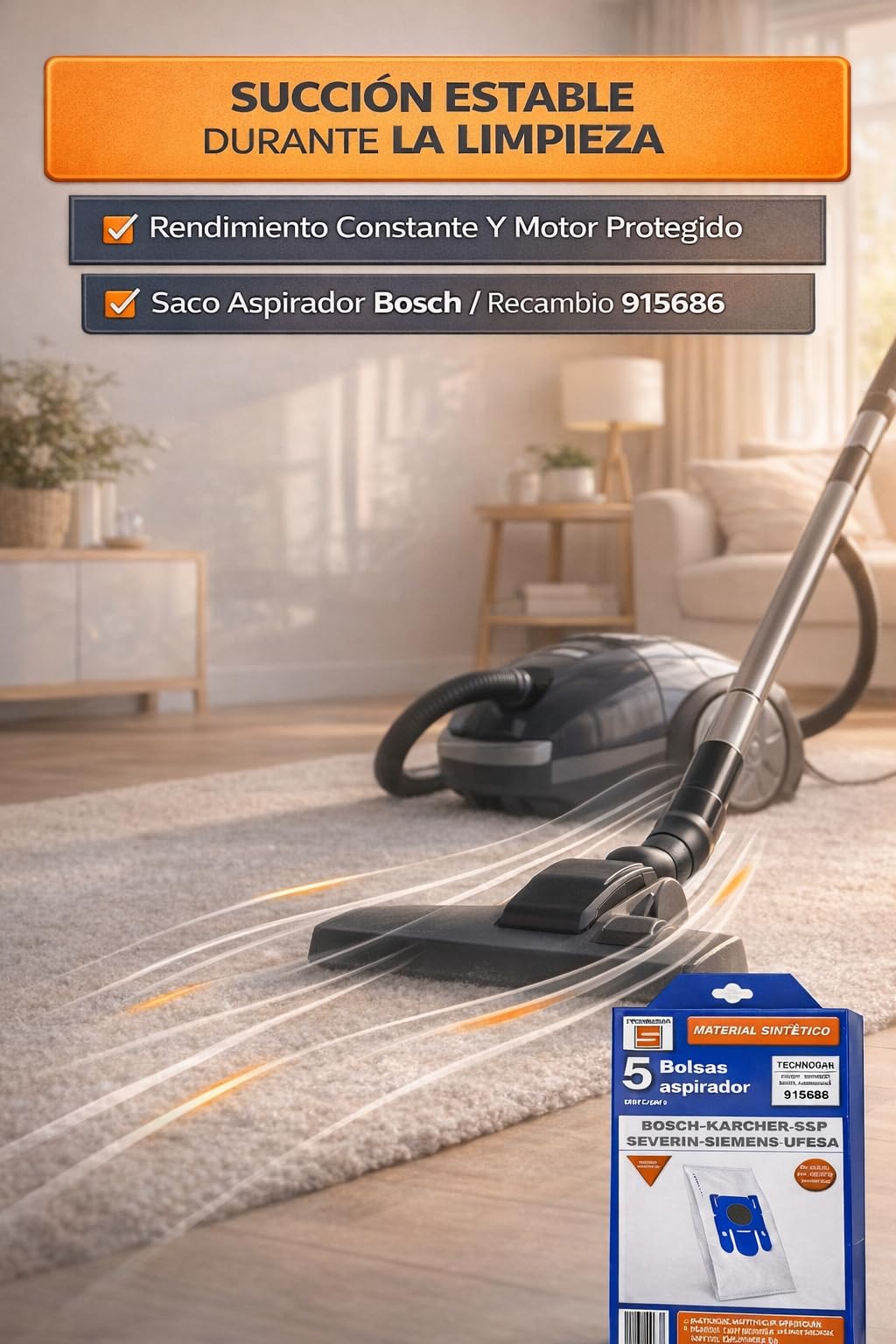 RO Linea Blanca ® Bolsas Aspirador Sinteticas 915686 Pack 5 Filtracion Antiacaros Recambio Compatible Con Bosch Compatible Con Siemens Compatible Con Ufesa BSG41800 BSGL2 Compact11 Hogar Taller Plus