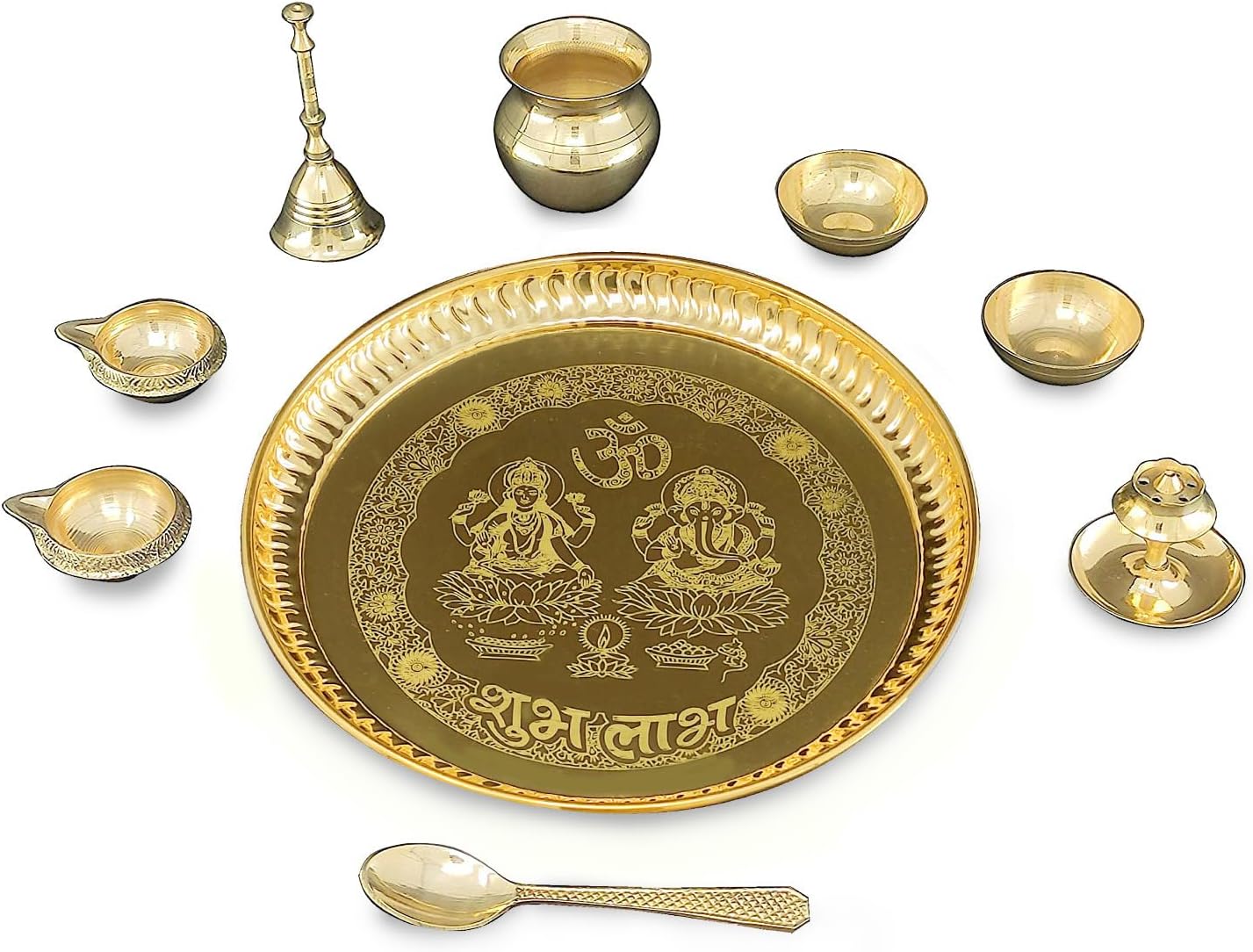 Pooja Thali Set Brass 8 Inch with Pital Accessories Plate, Kuber Diya, Ghanti, Kalash, Spoon, Bowl, Agarbatti Stand for Puja, Diwali, Home, Office, Wedding Gift Items