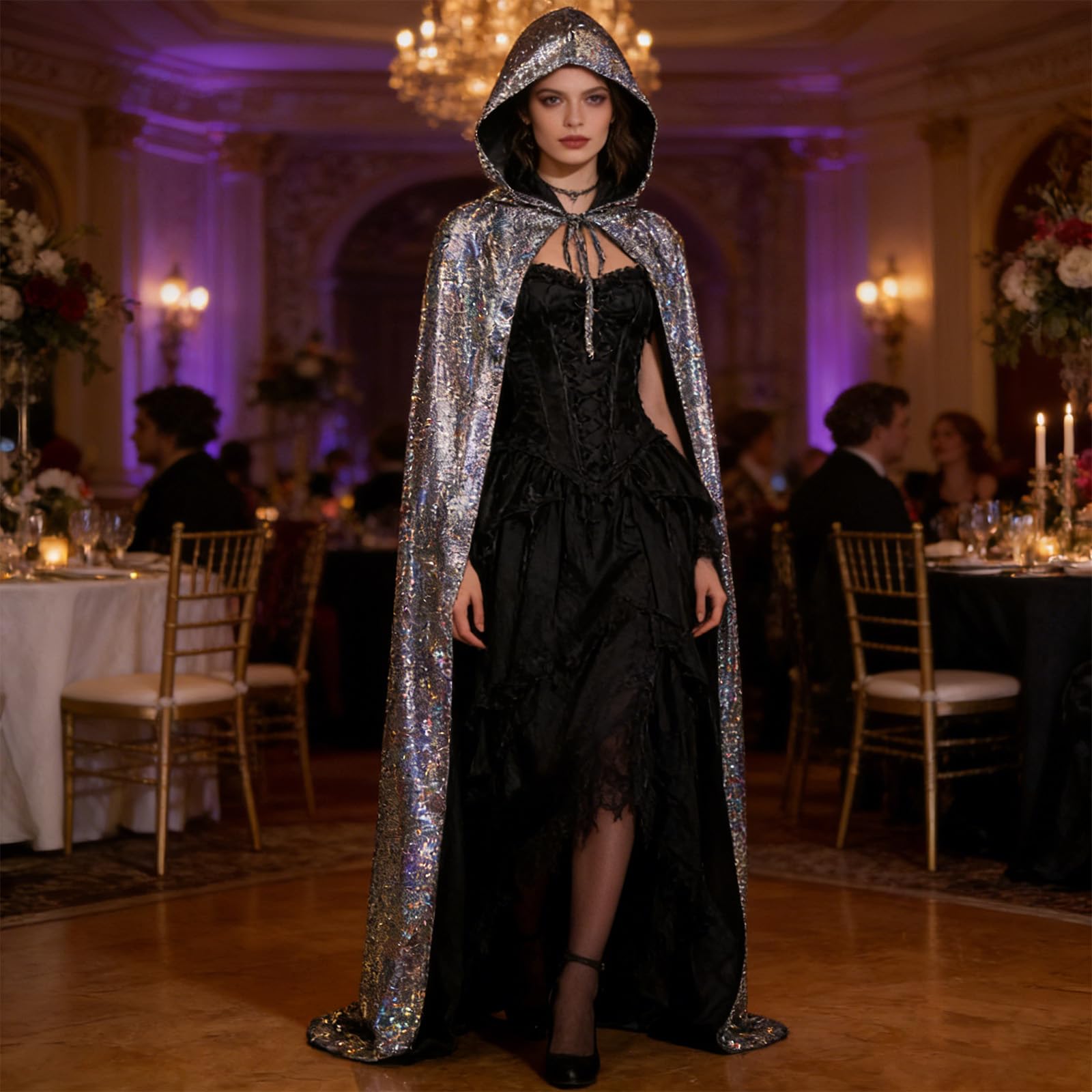 Moonlove Bling Bling Long Halloween Cape Luxuriant Cloaks With Hooded Hat Adults Mysterious Cosplay Costume Master Wizard Fairytale Fancy Dress Robe for Halloween Party Costume Ball - Image 7