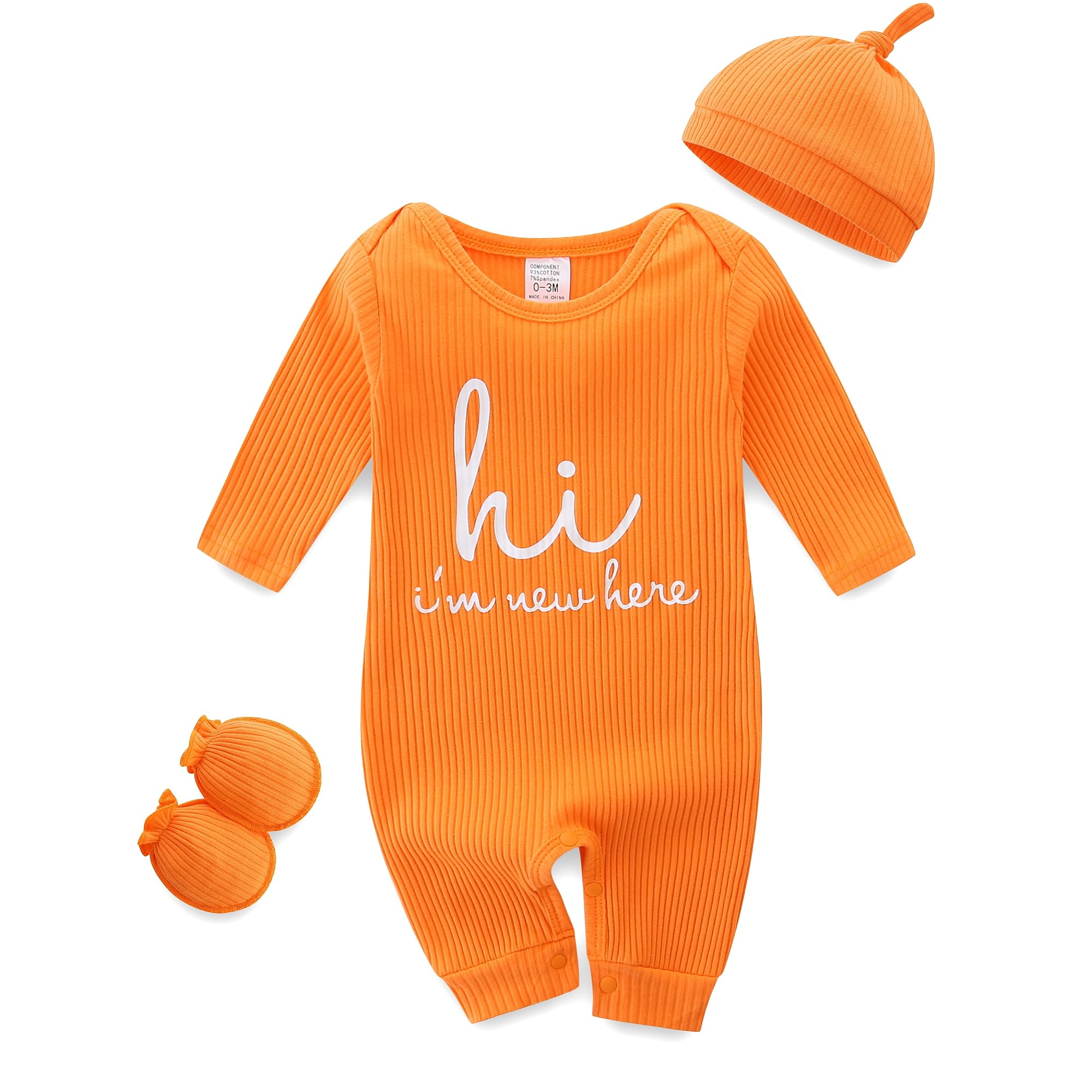 Baby Romper with Baby Mittens & Newborn Hats Footless Long Sleeve | Solid Onesie Hi Im New Here Baby Clothes Boy Girl Newborn Onesie Romper 0-3 Months Baby Boy Stuff Coming Home Outfit Gifts 0-3 Months Orange