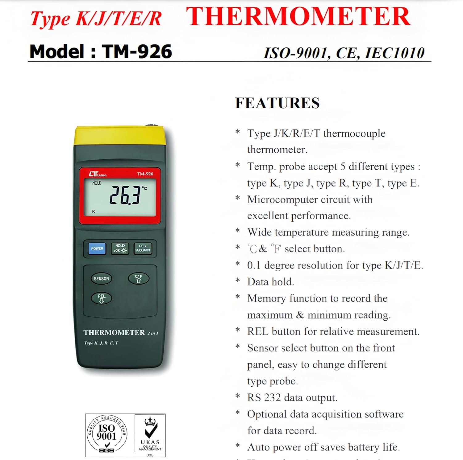 i-POOK THERMOMETER TM-926 high accuracy 0.1℃ Type K/J/T/E/R THERMOMETER TM-926 RS232 interface Accept multiple types of thermocouples made in Taiwan