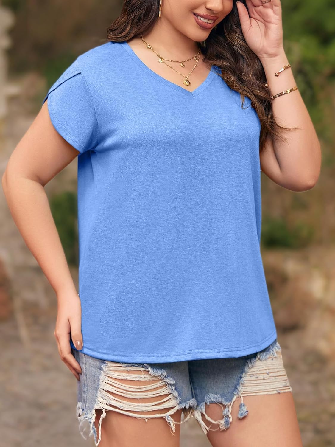 Womens Plus Size Tops V Neck T Shirts Casual Loose Petal Sleeve Tee Shirts - Image 6
