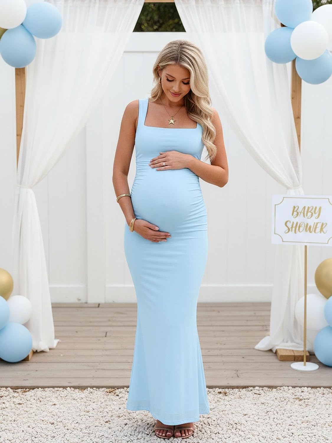 BORIFLORS Women's Ruched Bodycon Maxi Dress Mesh Sleeveless Square Neck Formal Beach Wedding Guest Cocktail Long Dresses