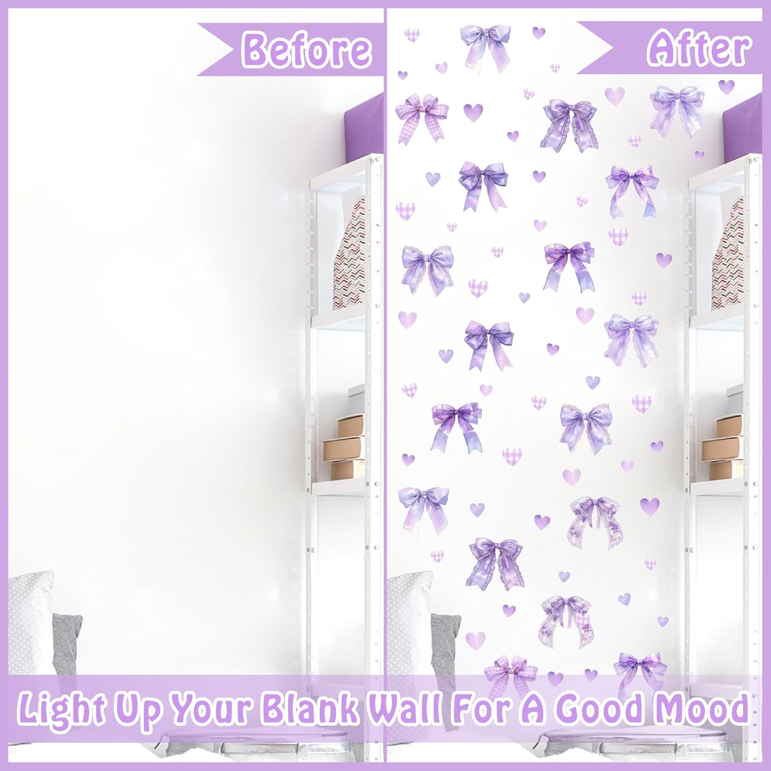 110 Pcs Watercolor Girls Room Wall Decals Bow Sticker Decor Purple Love Heart Walls Stickers Bow Knot Crafts Decal DIY Coquette Vinyl Wallpaper for Nursery Baby Bedroom Birthday Party Decoration Gifts