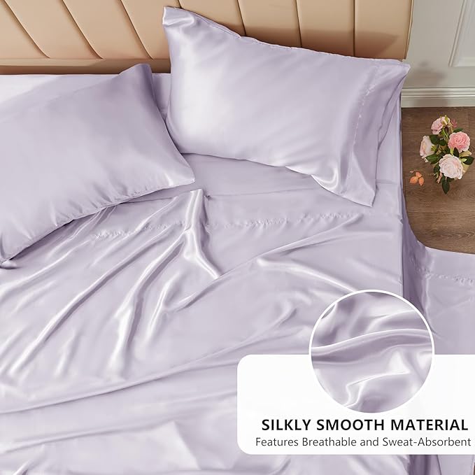 CozyLux Satin Sheets Queen Size Bed Set - 4 Piece Silky Queen Sheet Set, Luxury Taro Purple Queen Sheets with Smooth and Soft Microfiber, Includes 1 Fitted Sheet, 1 Flat Sheet and 2 Pillowcases